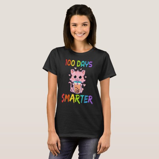 100 Days Smarter 100th Day Of School Cat boba Tea T-Shirt (Vorne ganz)