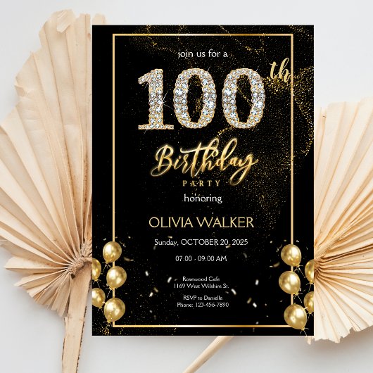 100. Diamond Black and Gold Geburtstag Einladung
