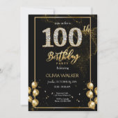 100. Diamond Black and Gold Geburtstag Einladung (Vorderseite)