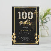 100. Diamond Black and Gold Geburtstag Einladung (Stehend Vorderseite)
