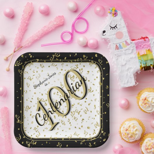 100. Elegantes Party Centenarian Black/Gold Pappteller (Party)