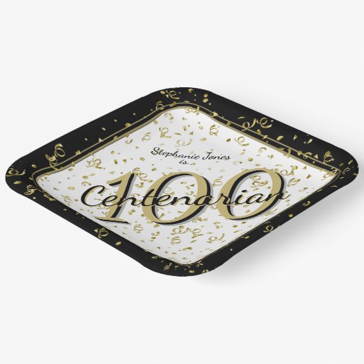 100. Elegantes Party Centenarian Black/Gold Pappteller (Gewinkelt)