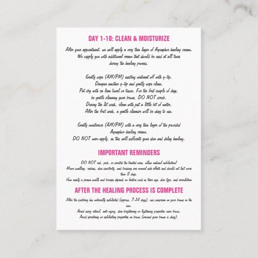 100 Eyebrow Microbalding Aftercare Instructions Pi Visitenkarte (Rückseite)