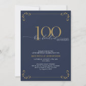 100 & Fabulous Blue & Gold Calligraphy Geburtstag Einladung (Vorderseite)