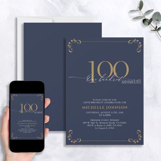100 & Fabulous Blue & Gold Calligraphy Geburtstag Einladung