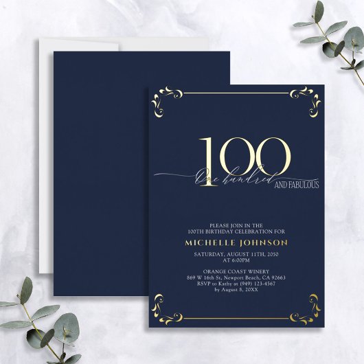 100 & Fabulous Blue & Gold Calligraphy Geburtstag Folieneinladung