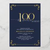 100 & Fabulous Blue & Gold Calligraphy Geburtstag Folieneinladung (Vorderseite)