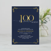 100 & Fabulous Blue & Gold Calligraphy Geburtstag Folieneinladung (Stehend vorne)