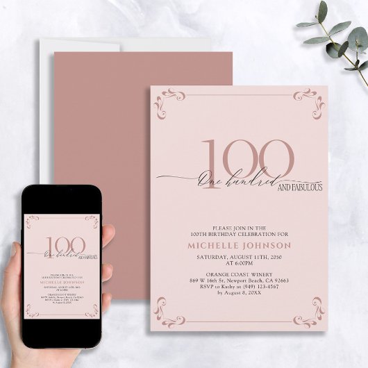 100 & Fabulous Blush Pink & Black Geburtstag Einladung