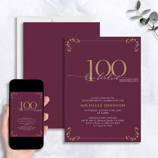 100 & Fabulous Burgundy White & Gold Geburtstag Einladung