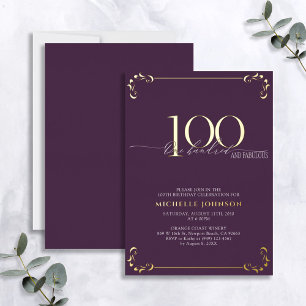 100 & Fabulous Lila & Gold Calligraphy Geburtstag Folieneinladung