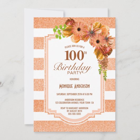 100. Geburtstag Aprikose gestreiftes Party Einladung (Vorderseite)