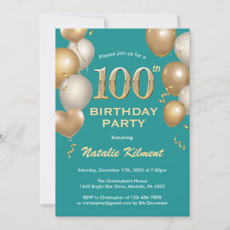 100. Geburtstag Aquamarin und Gold Glitzer Balloon Einladung