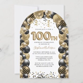 100. Geburtstag Ballon Gold Black Sparkle Einladung