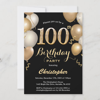 100. Geburtstag Black and Gold Balloons Confetti Einladung