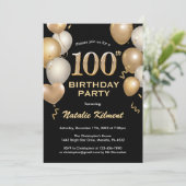 100. Geburtstag Black and Gold Glitzer Balloons Einladung (Stehend Vorderseite)