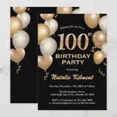 100. Geburtstag Black and Gold Glitzer Balloons Einladung (Vorne/Hinten)