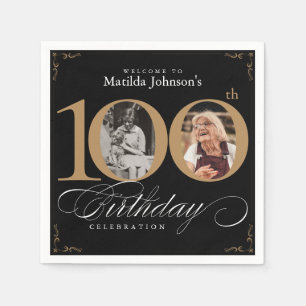 100. Geburtstag Black Gold Calligraphy Custom Foto Serviette