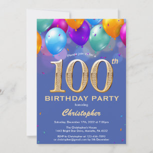 100. Geburtstag Blau und Gold farbige Ballons Einladung
