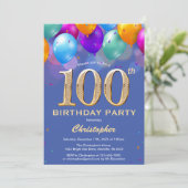 100. Geburtstag Blau und Gold farbige Ballons Einladung (Stehend Vorderseite)