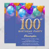 100. Geburtstag Blau und Gold farbige Ballons Einladung (Vorne/Hinten)