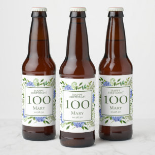 100. Geburtstag Blaue Hortensien Bierflaschenetikett