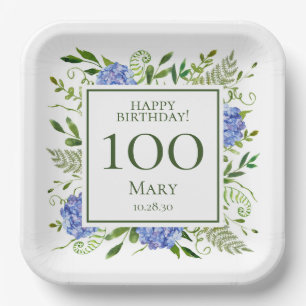 100. Geburtstag Blaue Hortensien Pappteller