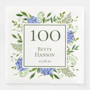 100. Geburtstag Blaue Hortensien Serviette