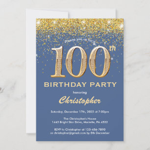 100. Geburtstag Blue and Gold Glitzer Confetti Einladung