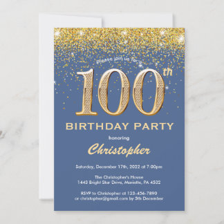 100. Geburtstag Blue and Gold Glitzer Confetti Einladung