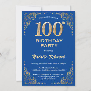 100. Geburtstag Blue and Gold Glitzer Frame Einladung