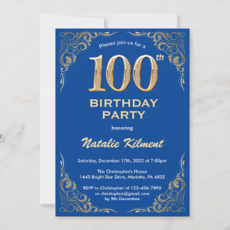 100. Geburtstag Blue and Gold Glitzer Frame Einladung