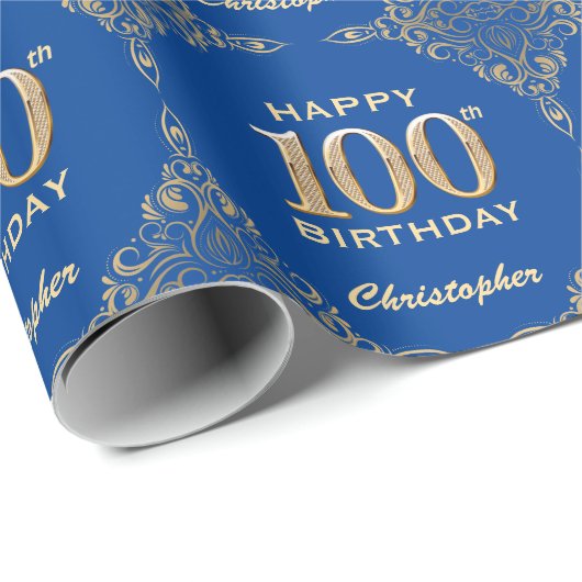 100. Geburtstag Blue and Gold Glitzer Frame Geschenkpapier (Rolleneckpunkt)
