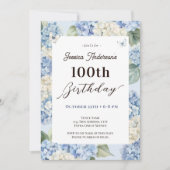 100. Geburtstag Blue Hydrangea Erwachsenengarten Einladung (Vorderseite)