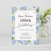 100. Geburtstag Blue Hydrangea Erwachsenengarten Einladung (Stehend Vorderseite)
