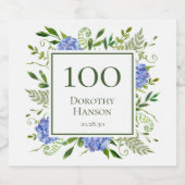 100. Geburtstag Blue Hydrangeas Bierflaschenetikett (Einzelnes Label)