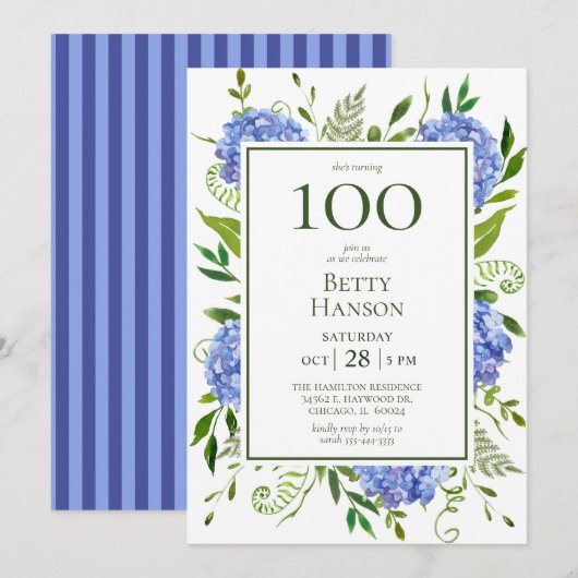 100. Geburtstag Blue Hydrangeas Einladung (Vorne/Hinten)
