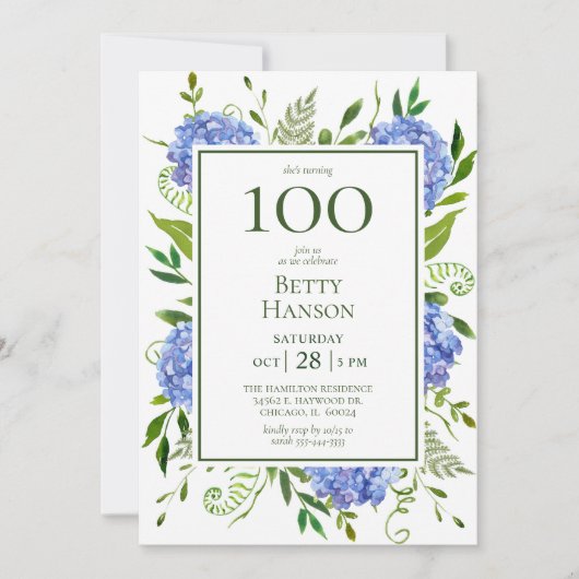 100. Geburtstag Blue Hydrangeas Einladung (Vorderseite)