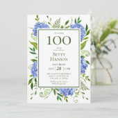 100. Geburtstag Blue Hydrangeas Einladung (Stehend Vorderseite)
