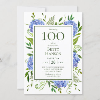 100. Geburtstag Blue Hydrangeas Einladung