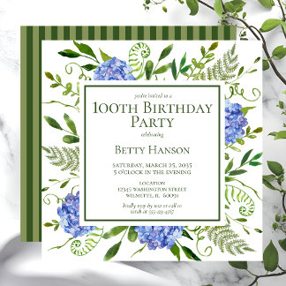 100. Geburtstag Blue Hydrangeas Einladung