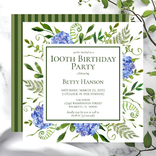 100. Geburtstag Blue Hydrangeas Einladung