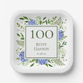 100. Geburtstag Blue Hydrangeas Pappteller (Vorderseite)