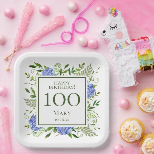 100. Geburtstag Blue Hydrangeas Pappteller (Party)
