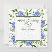 100. Geburtstag Blue Hydrangeas Script Einladung (Vorderseite)