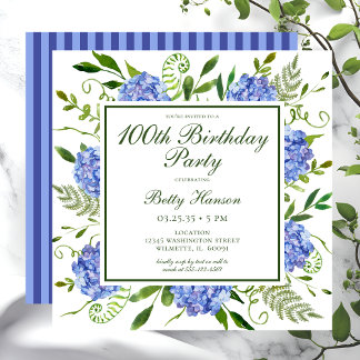 100. Geburtstag Blue Hydrangeas Script Einladung