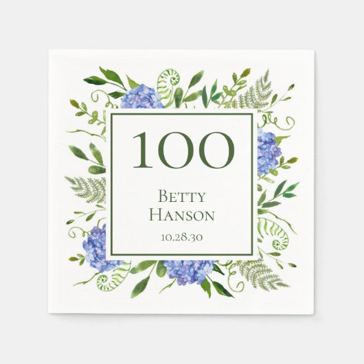 100. Geburtstag Blue Hydrangeas Serviette (Vorderseite)