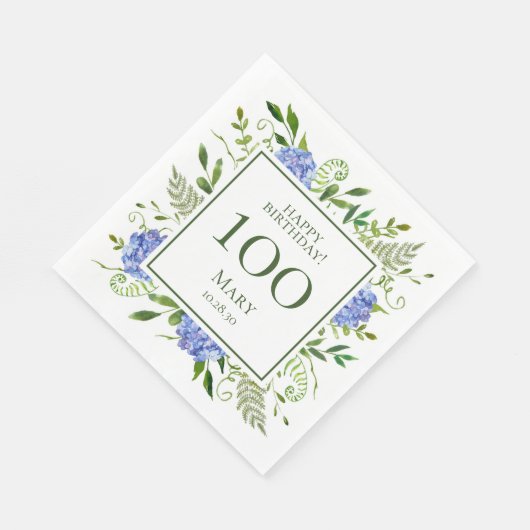 100. Geburtstag Blue Hydrangeas Serviette (Ecke)