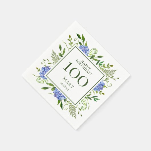100. Geburtstag Blue Hydrangeas Serviette (Ecke)