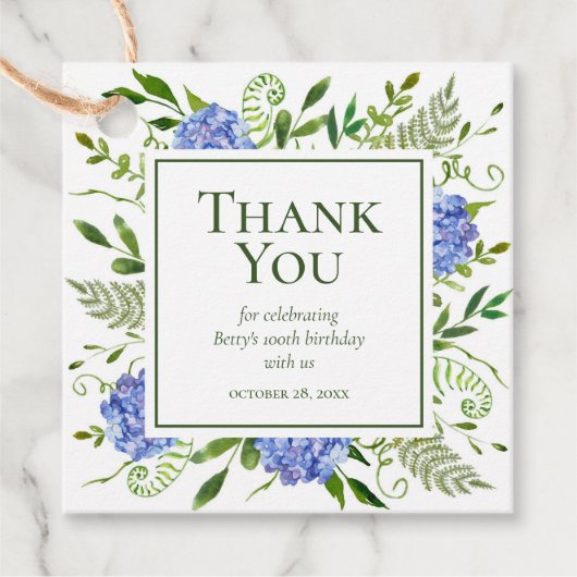 100. Geburtstag Blue Hydrangeas Vielen Dank Geschenkanhänger (Vorderseite)